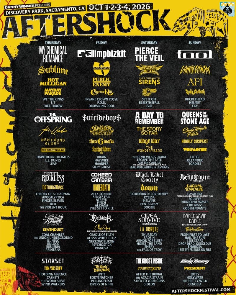 Aftershock 2026 lineup poster — October 1–4, 2026, Discovery Park, Sacramento, CA