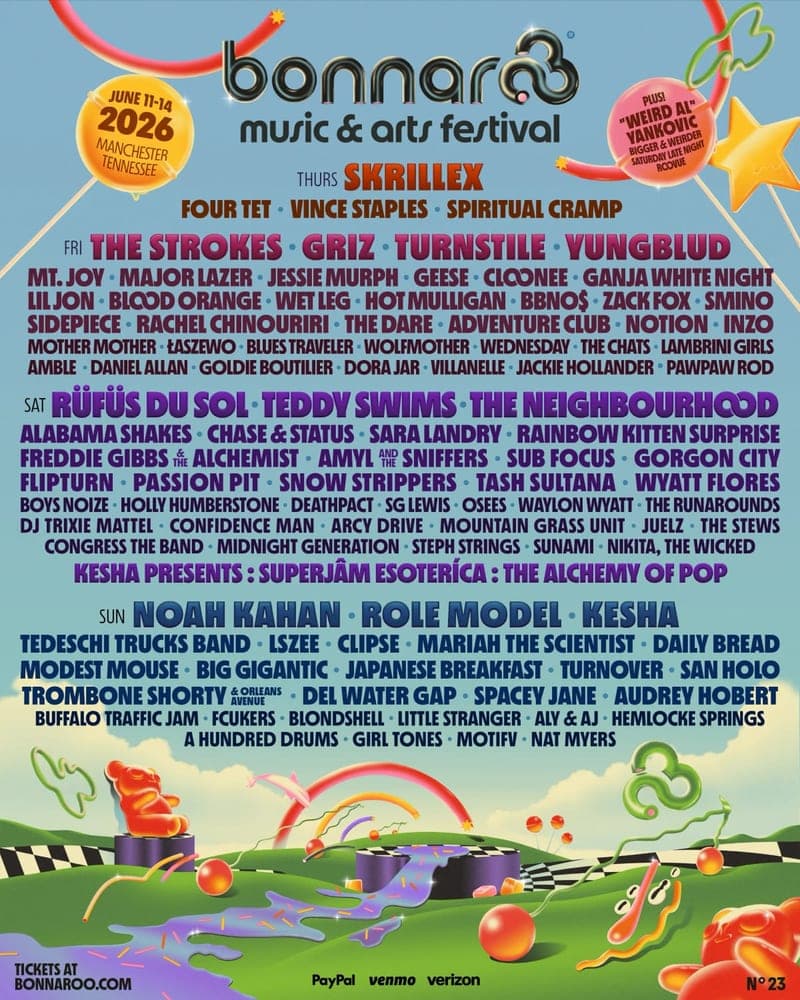 Bonnaroo 2026 lineup poster — June 11–14, 2026, Great Stage Park, Manchester, TN