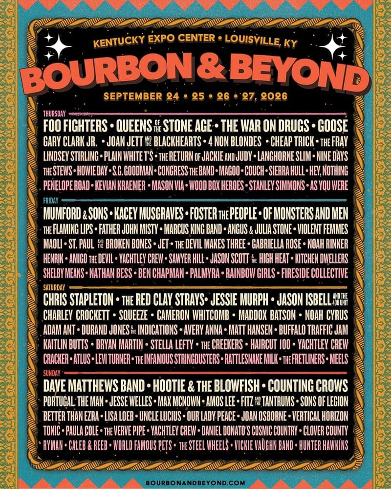 Bourbon & Beyond 2026 lineup poster — September 24–27, 2026, Highland Festival Grounds at KY Expo Center, Louisville, KY