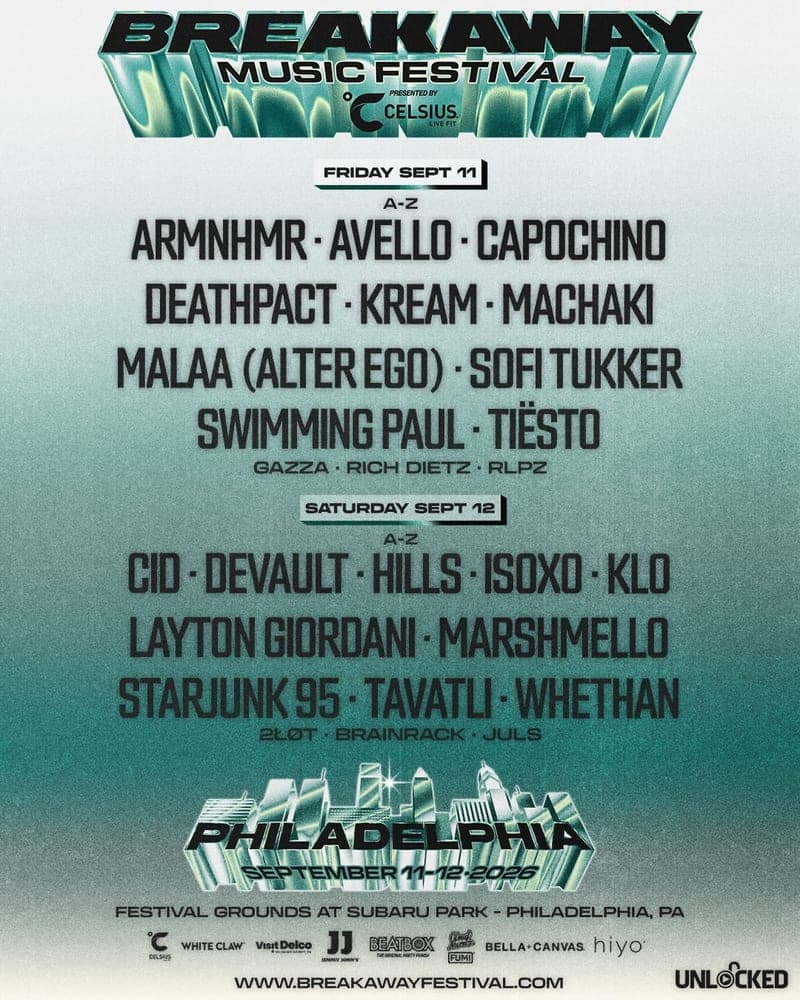 Breakaway Philadelphia 2026 lineup poster — September 11–12, 2026, Festival Grounds at Subaru Park, Chester, PA