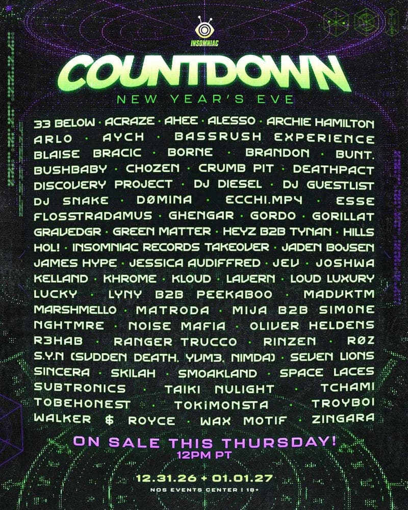 Countdown NYE 2026 lineup poster — December 31 – January 1, 2026, NOS Events Center, San Bernardino, CA