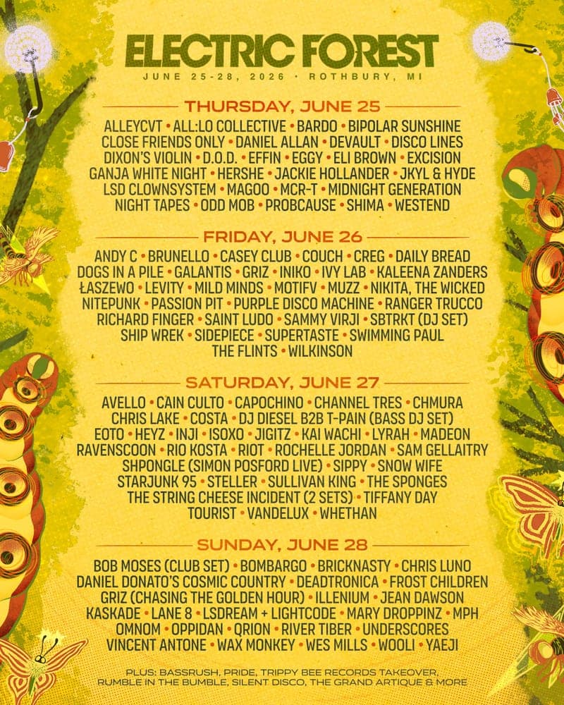 Electric Forest 2026 lineup poster — June 25–28, 2026, Double JJ Resort, Rothbury, MI