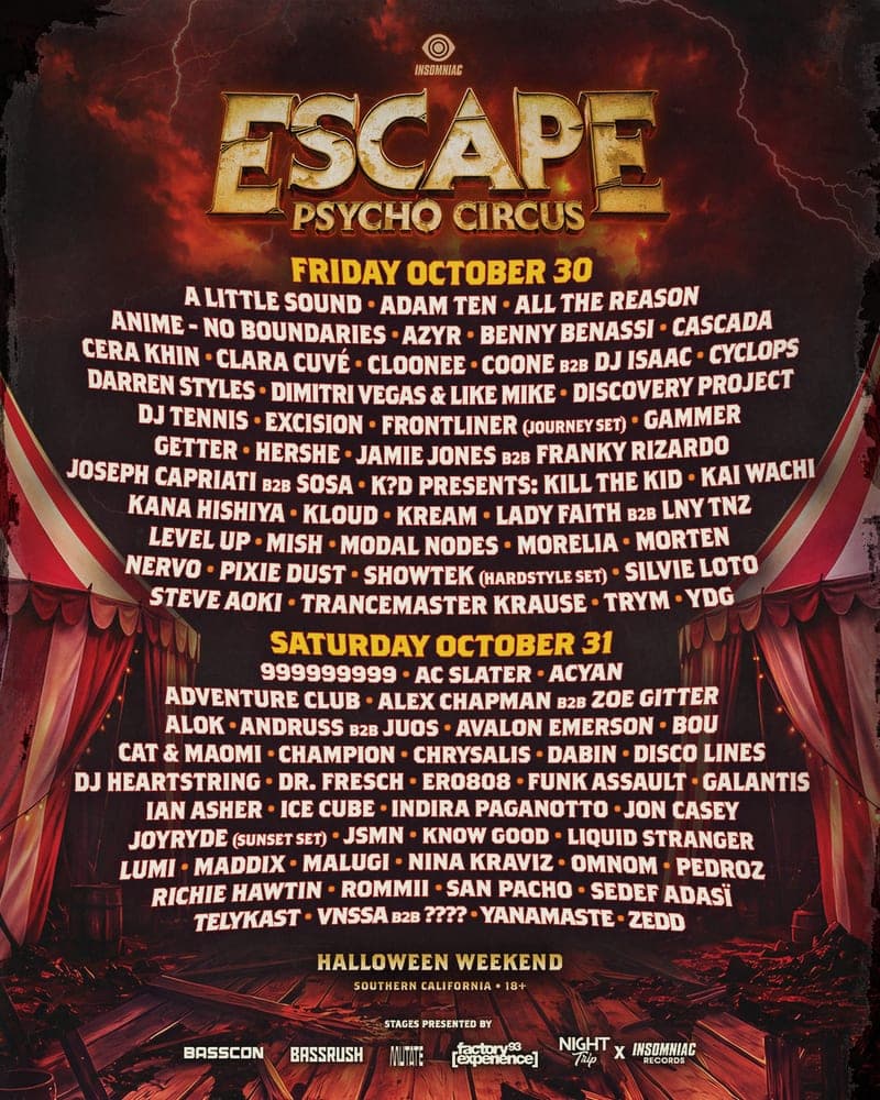 Escape Halloween 2026 lineup poster — October 30–31, 2026, NOS Events Center, San Bernardino, CA