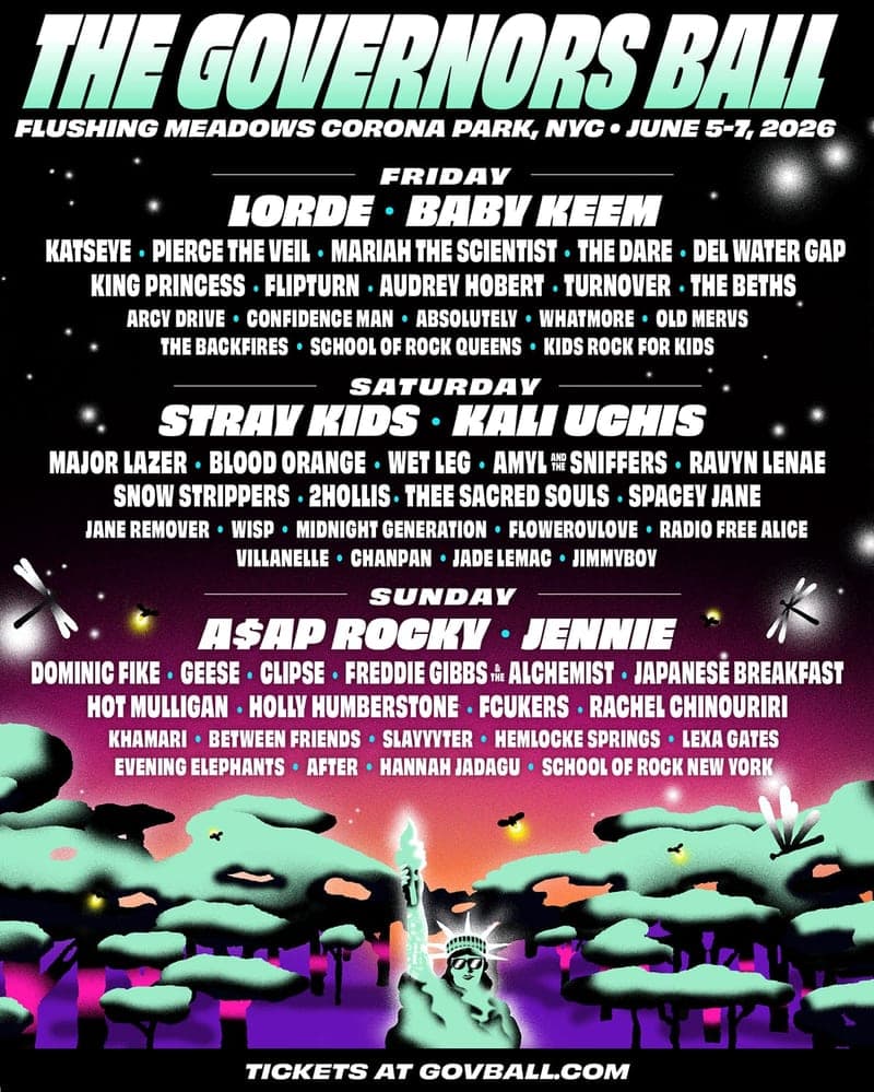 Governors Ball 2026 lineup poster — June 5–7, 2026, Flushing Meadows Corona Park, Queens, NY