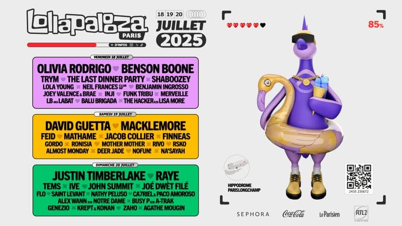 Lollapalooza Paris 2025 lineup poster — July 18–20, 2025, Hippodrome ParisLongchamp, Paris, France