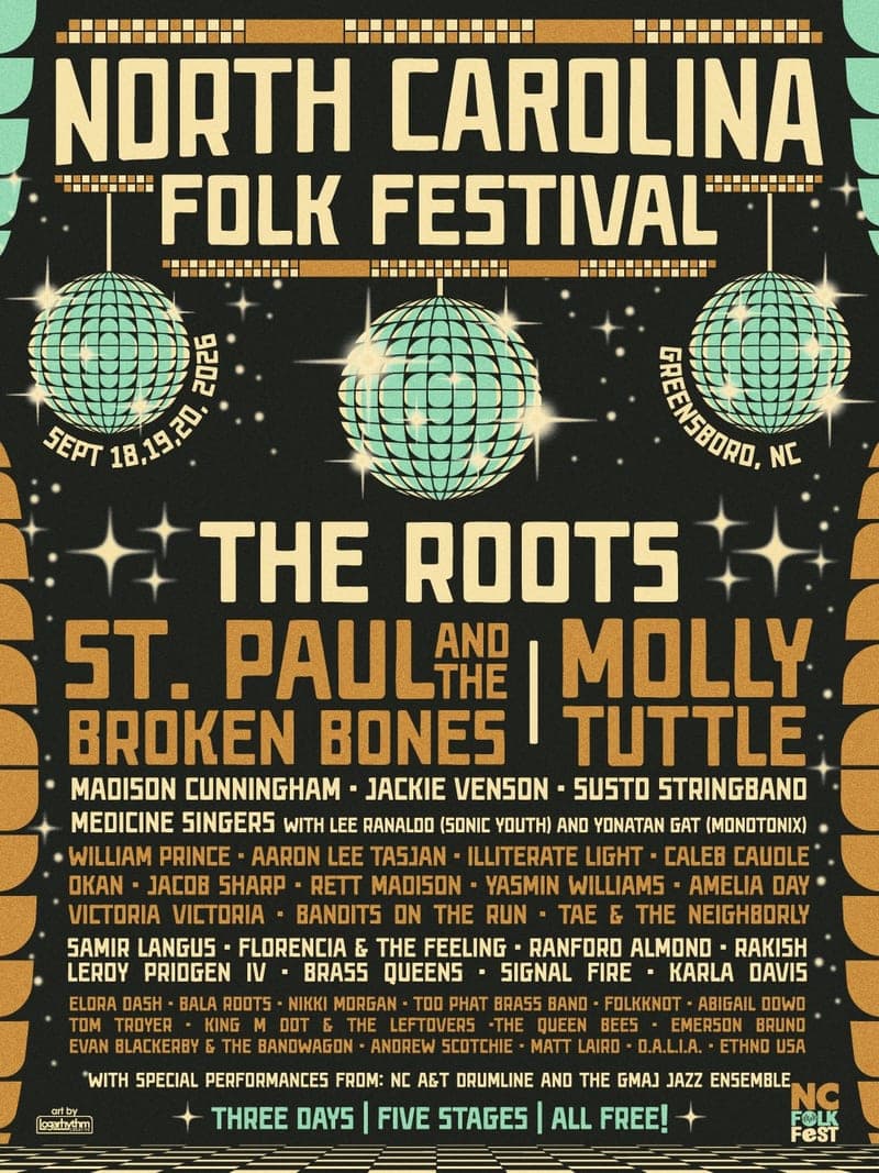 NC Folk Festival 2026 lineup poster — September 18–20, 2026, Downtown Greensboro, NC