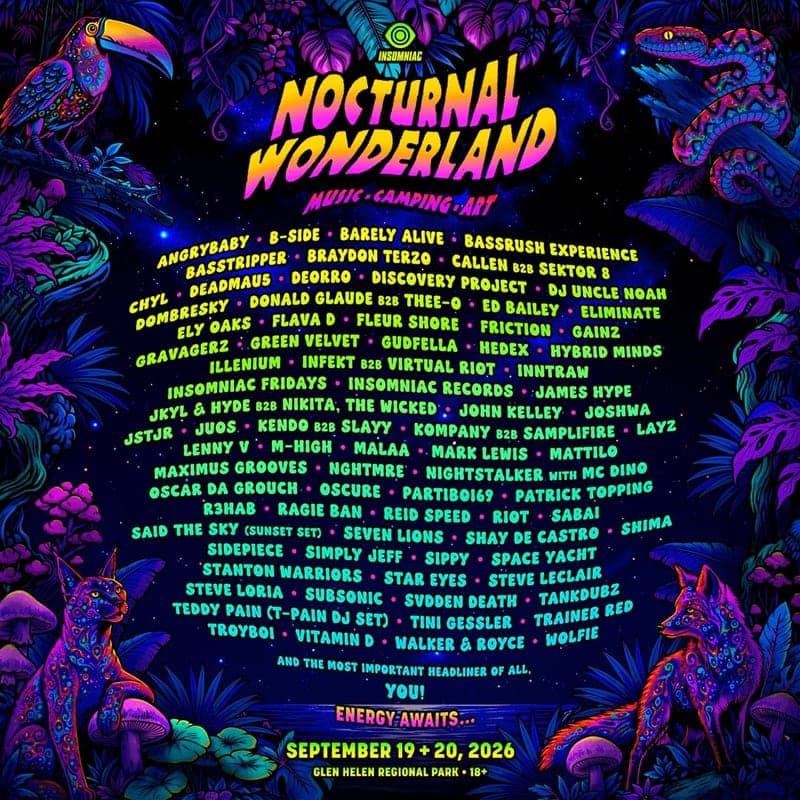 Nocturnal Wonderland 2026 lineup poster — September 19–20, 2026, Glen Helen Regional Park, San Bernardino, CA