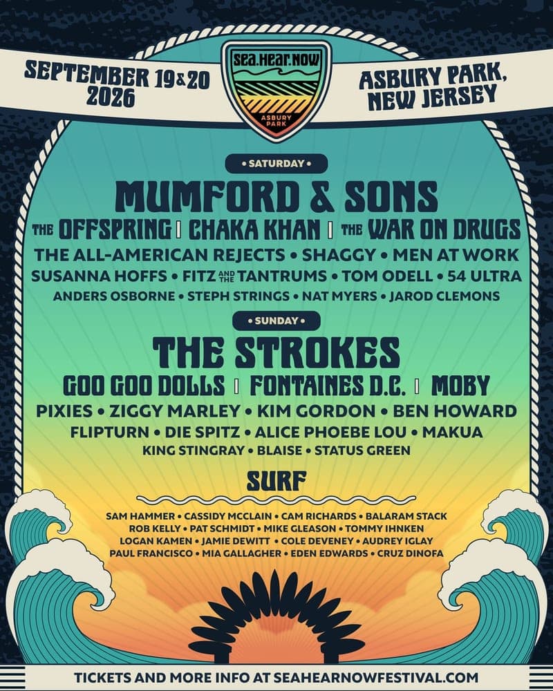Sea.Hear.Now 2026 lineup poster — September 19–20, 2026, North Beach, Asbury Park, NJ