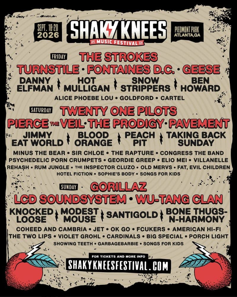 Shaky Knees 2026 lineup poster — September 18–20, 2026, Piedmont Park, Atlanta, GA